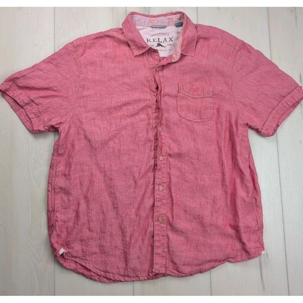 Tommy Bahama Shirt Linen Relax Island Modern Fit Pink Red Short Sleeve Mens XXL